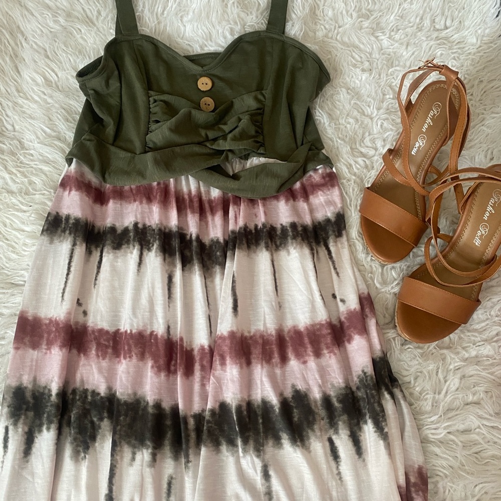 Green and Tie-Dye Dress with Brown Sandals